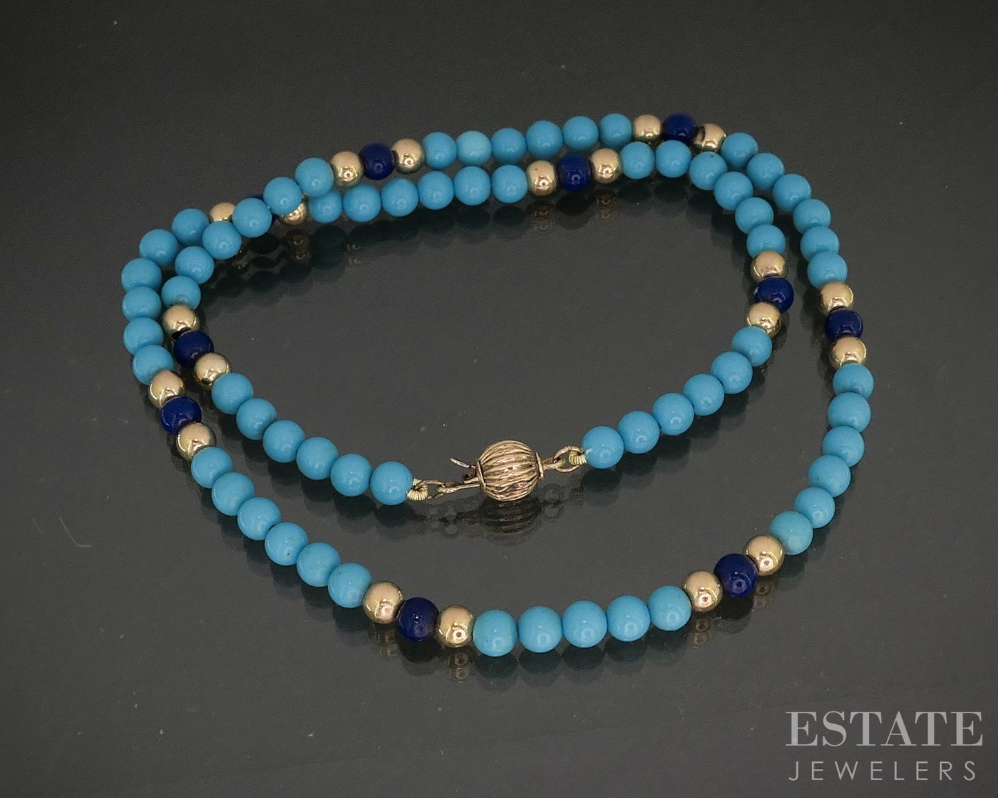 14k Yellow Gold Natural Turquoise & Lapis Beaded Necklace 2g 15"L p17001