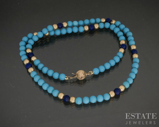 14k Yellow Gold Natural Turquoise & Lapis Beaded Necklace 2g 15"L p17001