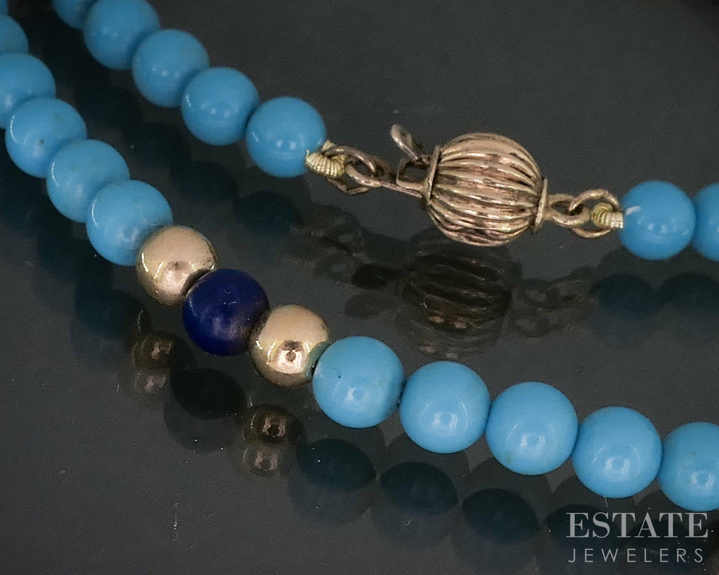 14k Yellow Gold Natural Turquoise & Lapis Beaded Necklace 2g 15"L p17001