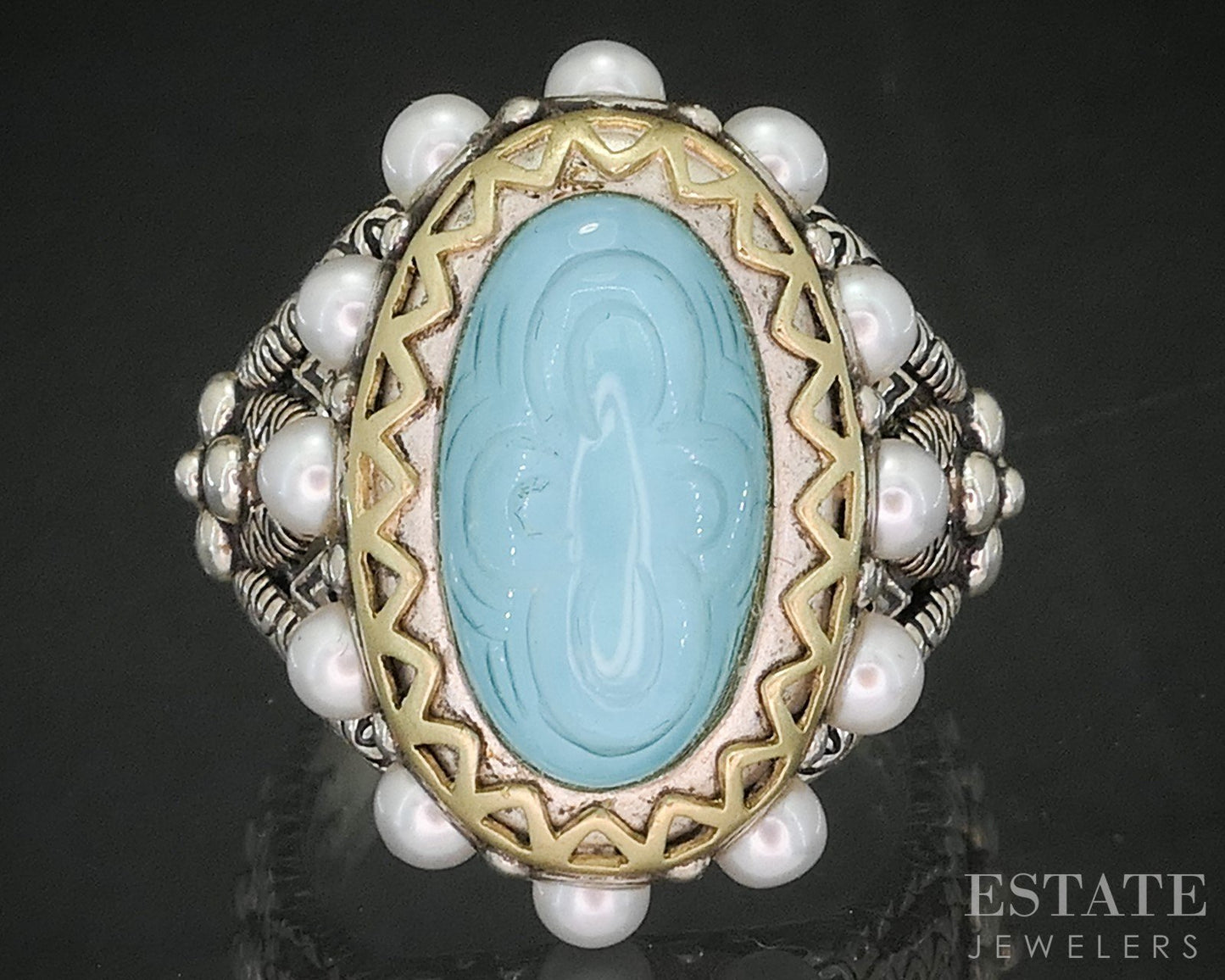 18k & Sterling Barbara Bixby Turquoise Doublet & Pearl Ladies Ring 13.4g p18582