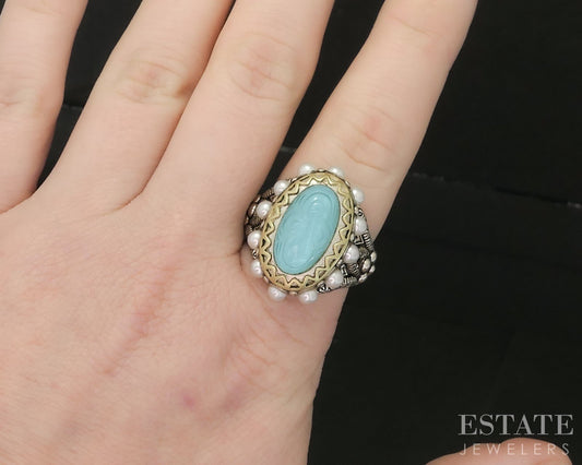 18k & Sterling Barbara Bixby Turquoise Doublet & Pearl Ladies Ring 13.4g p18582