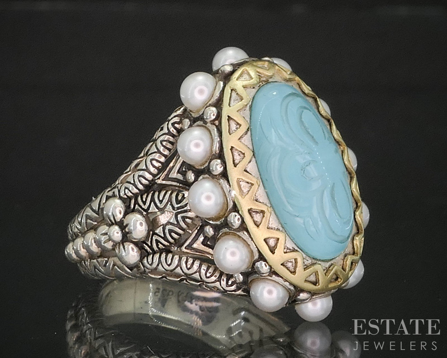 18k & Sterling Barbara Bixby Turquoise Doublet & Pearl Ladies Ring 13.4g p18582