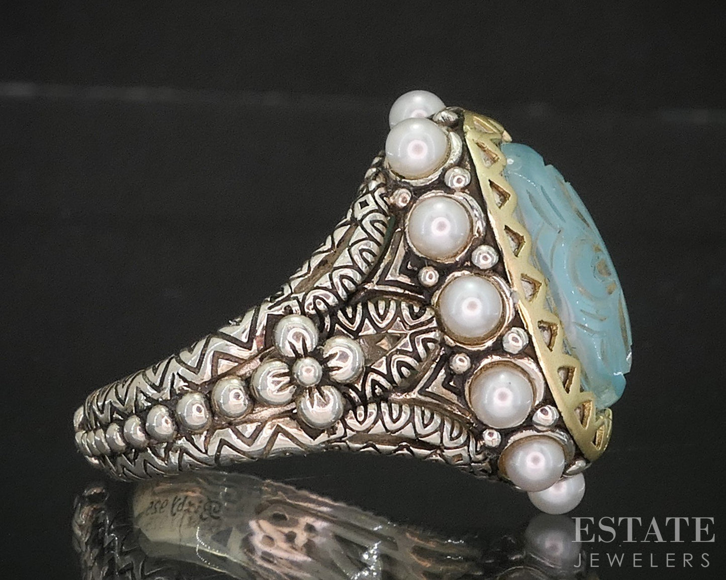 18k & Sterling Barbara Bixby Turquoise Doublet & Pearl Ladies Ring 13.4g p18582