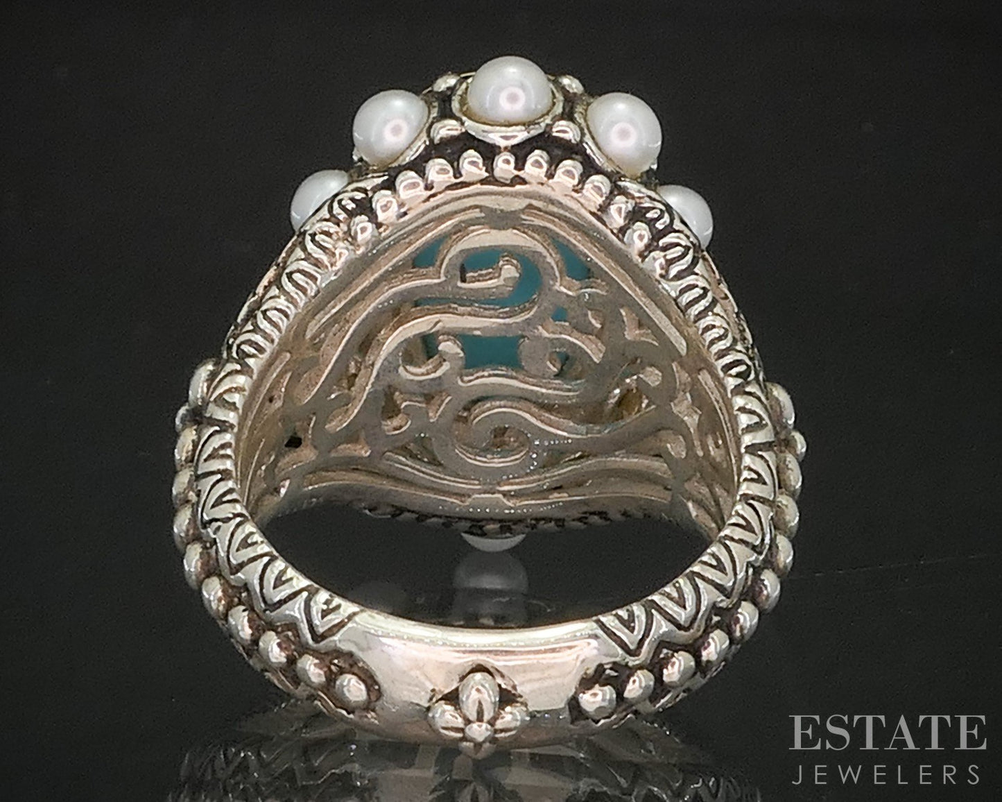 18k & Sterling Barbara Bixby Turquoise Doublet & Pearl Ladies Ring 13.4g p18582