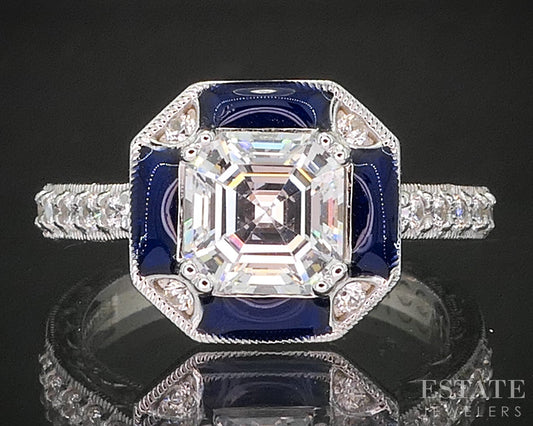 Sterling Silver Tacori CZ & Blue Enameled Art Deco Engagement Ring 6.0g p18583