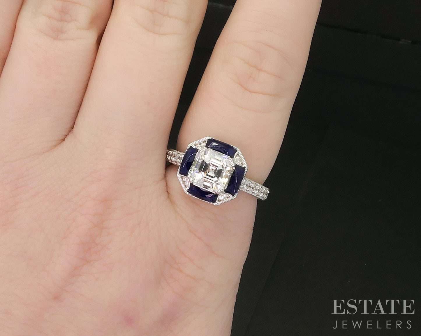 Sterling Silver Tacori CZ & Blue Enameled Art Deco Engagement Ring 6.0g p18583