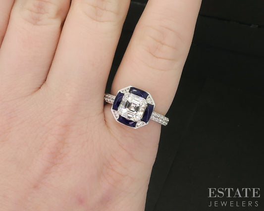 Sterling Silver Tacori CZ & Blue Enameled Art Deco Engagement Ring 6.0g p18583