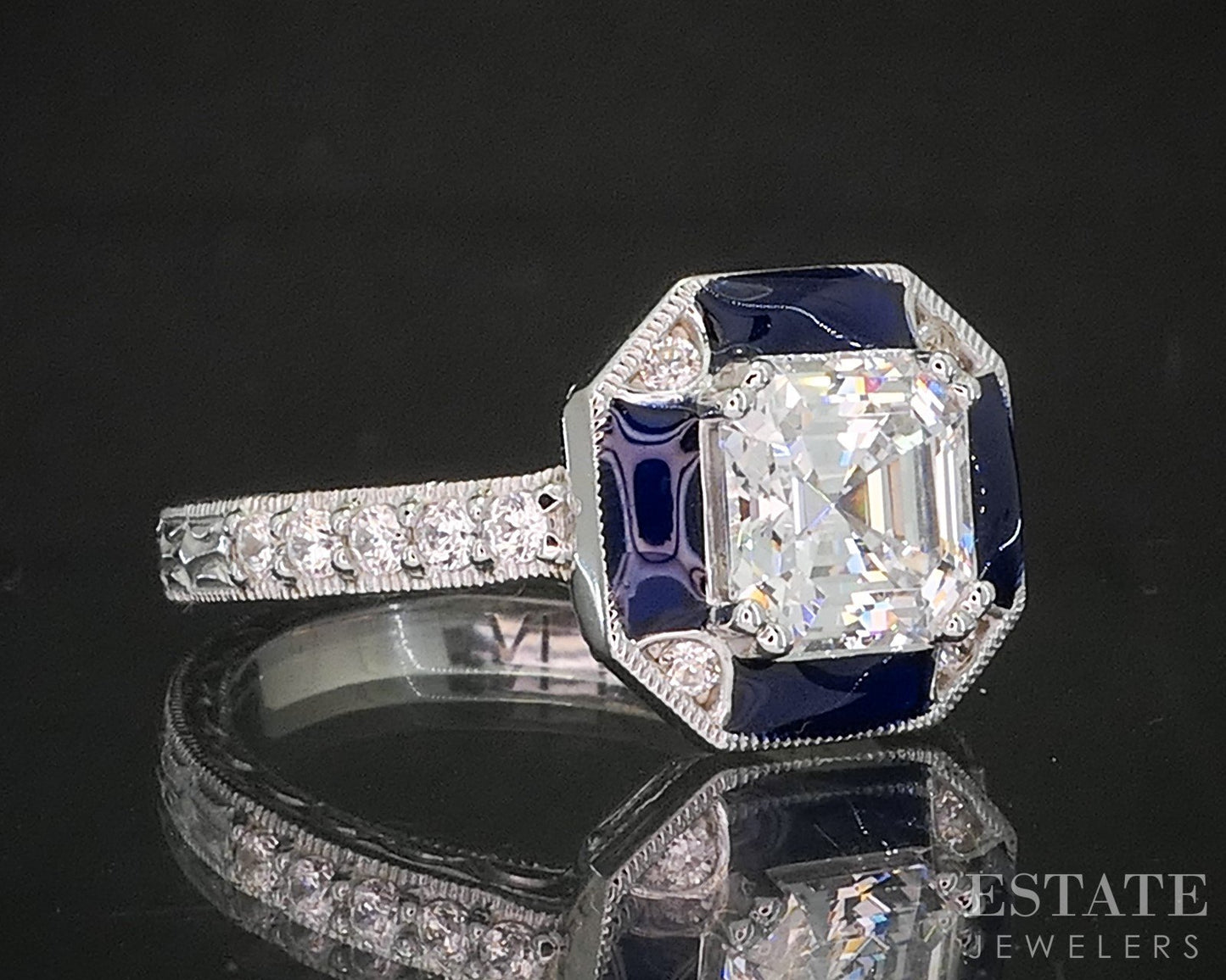 Sterling Silver Tacori CZ & Blue Enameled Art Deco Engagement Ring 6.0g p18583