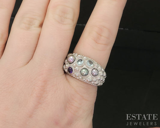 Sterling Silver Judith Ripka Pearl & Multi Gem Band Ring 14.4g p18613