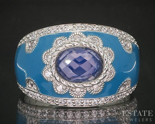 Sterling Silver Judith Ripka Blue Enameled Quartz CZ Ladies Band 10g p18617