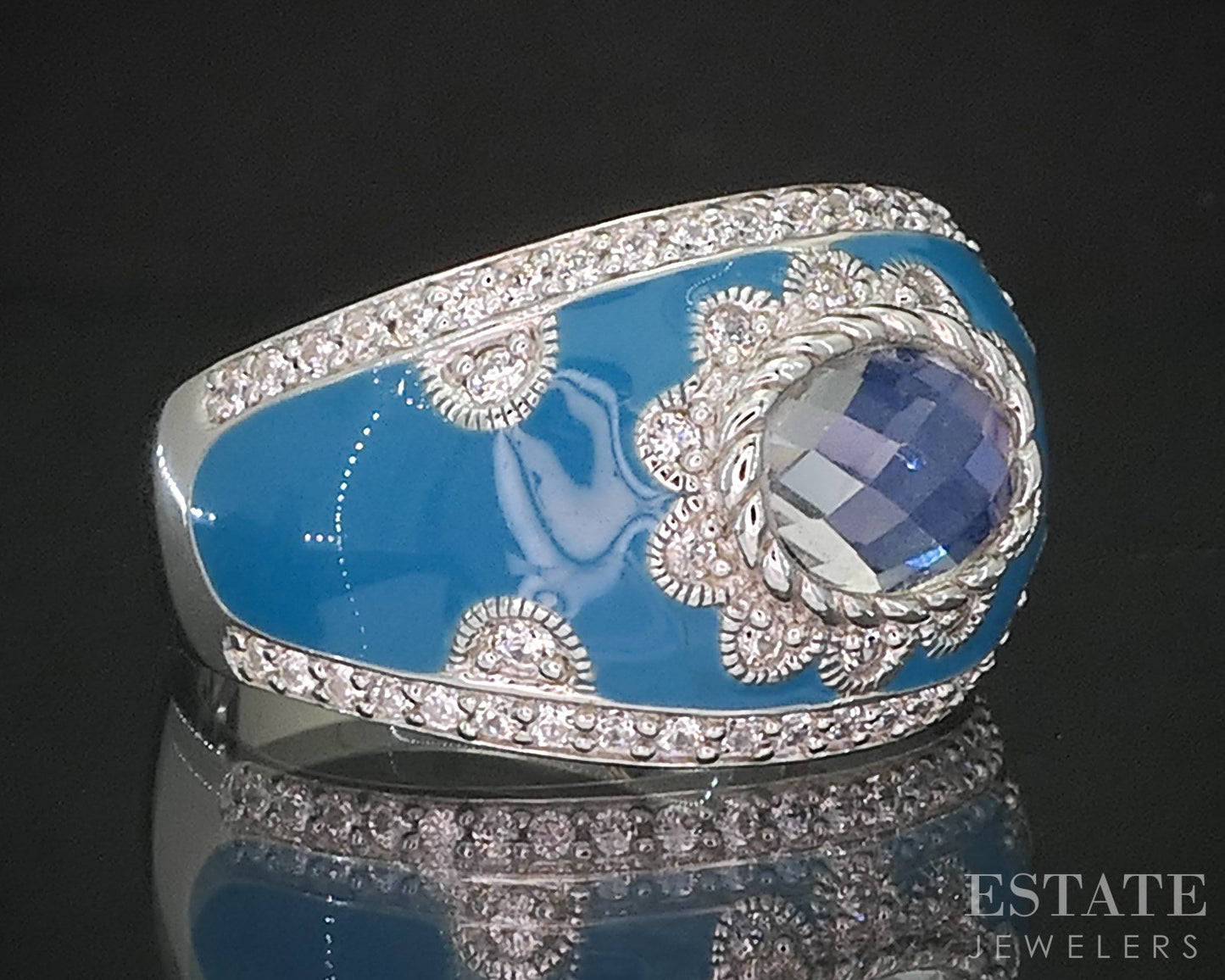 Sterling Silver Judith Ripka Blue Enameled Quartz CZ Ladies Band 10g p18617