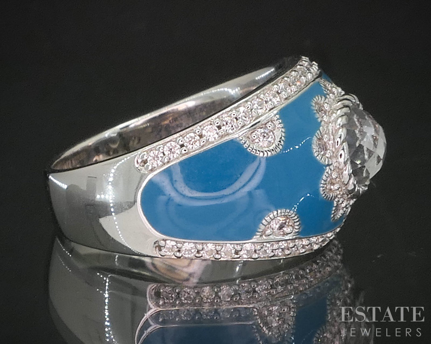 Sterling Silver Judith Ripka Blue Enameled Quartz CZ Ladies Band 10g p18617