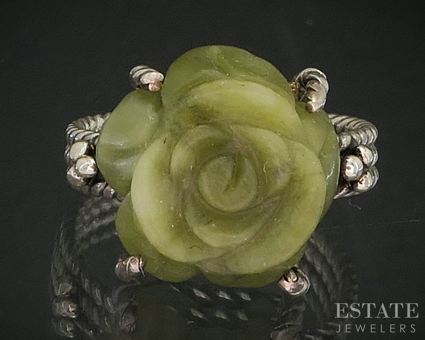 Vintage Sterling Natural Connemara Marble Carved Flower Ring 6.6g p18618