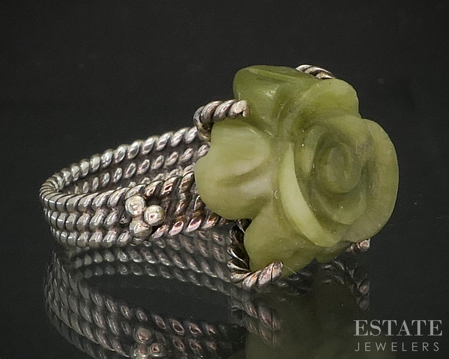 Vintage Sterling Natural Connemara Marble Carved Flower Ring 6.6g p18618