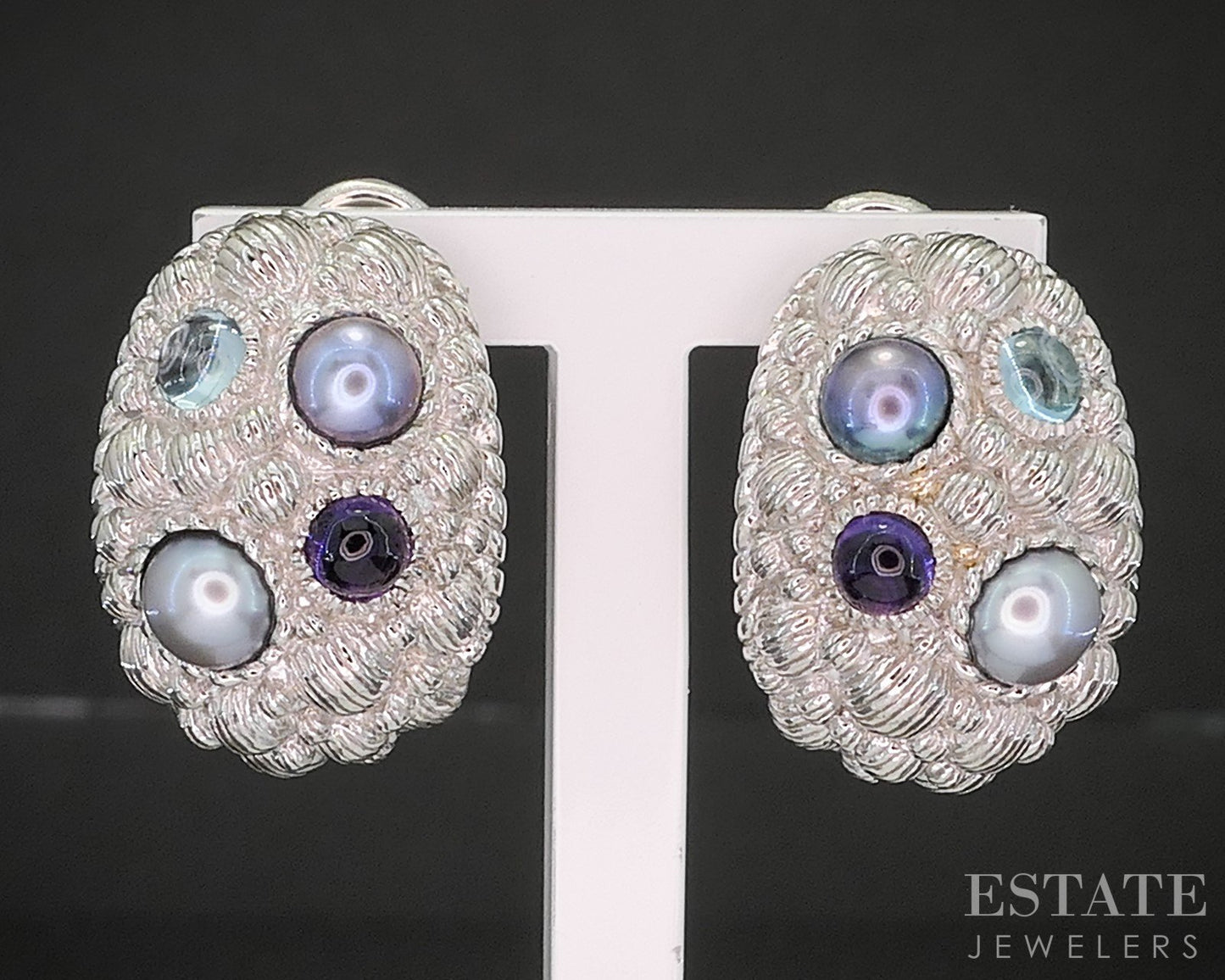 Sterling Silver Judith Ripka Pearl & Multi Gem Omega Back Earrings 15g p18631