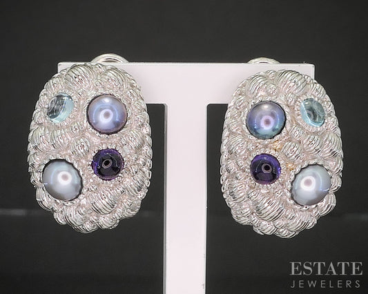 Sterling Silver Judith Ripka Pearl & Multi Gem Omega Back Earrings 15g p18631