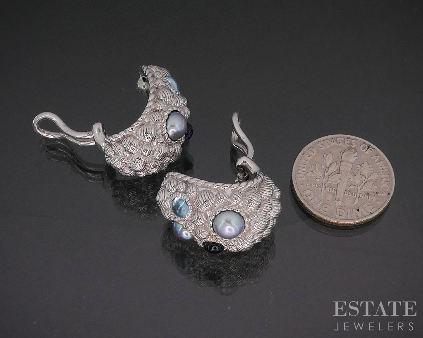 Sterling Silver Judith Ripka Pearl & Multi Gem Omega Back Earrings 15g p18631