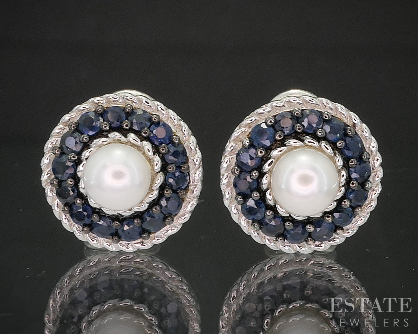 Sterling Judith Ripka Pearl & Blue Sapphire Omega Back Earrings 6.7g p18632