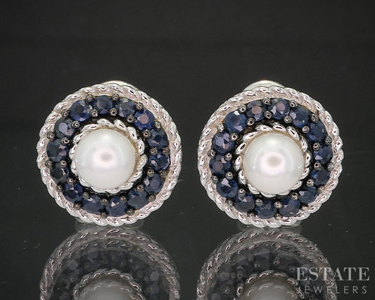 Sterling Judith Ripka Pearl & Blue Sapphire Omega Back Earrings 6.7g p18632