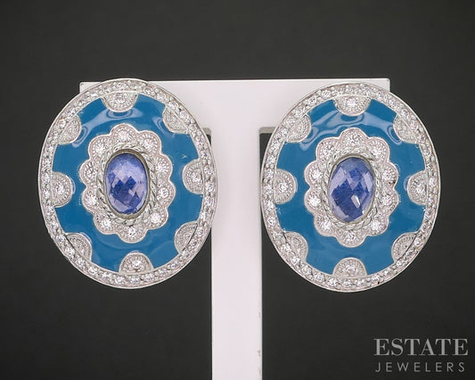 Sterling Silver Judith Ripka Blue Enameled Quartz CZ Clip On Earrings 14g p18634