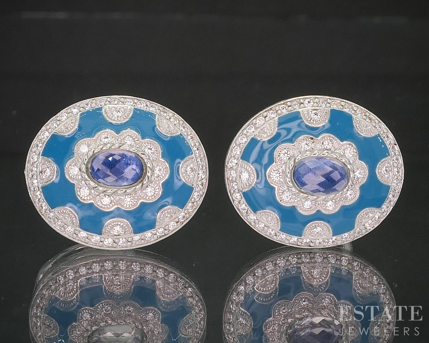 Sterling Silver Judith Ripka Blue Enameled Quartz CZ Clip On Earrings 14g p18634