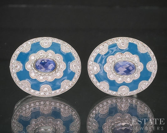 Sterling Silver Judith Ripka Blue Enameled Quartz CZ Clip On Earrings 14g p18634