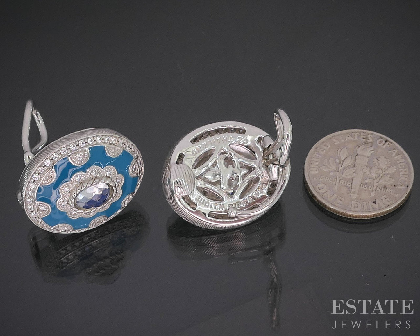 Sterling Silver Judith Ripka Blue Enameled Quartz CZ Clip On Earrings 14g p18634