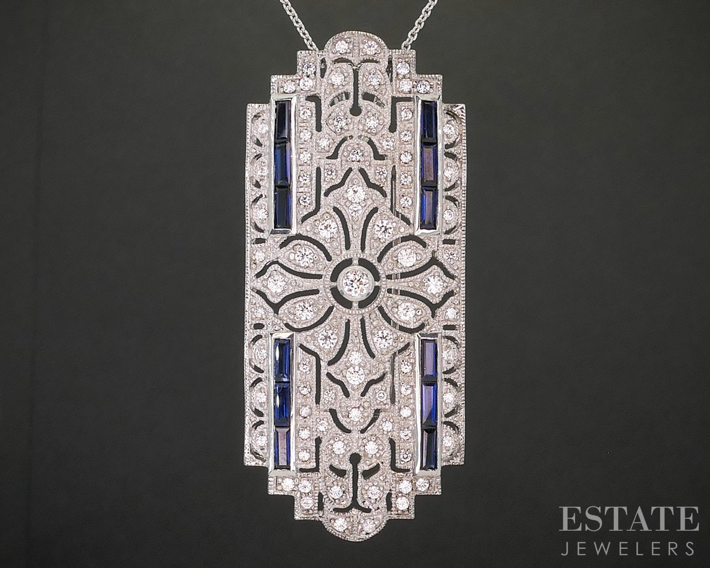 Sterling Art Deco Blue Sapphire & CZ Pin Pendant Necklace 17.8g 18"L p18638