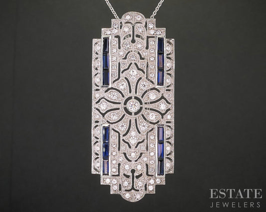 Sterling Art Deco Blue Sapphire & CZ Pin Pendant Necklace 17.8g 18"L p18638