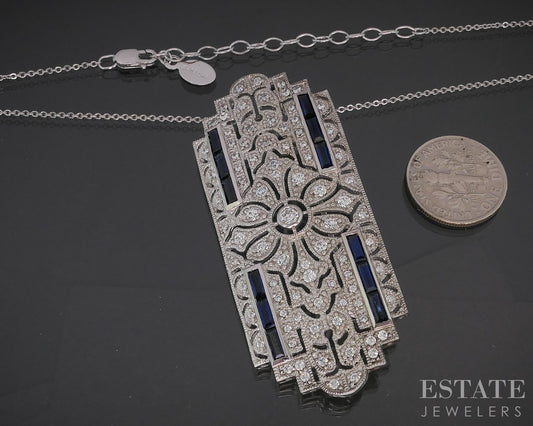 Sterling Art Deco Blue Sapphire & CZ Pin Pendant Necklace 17.8g 18"L p18638