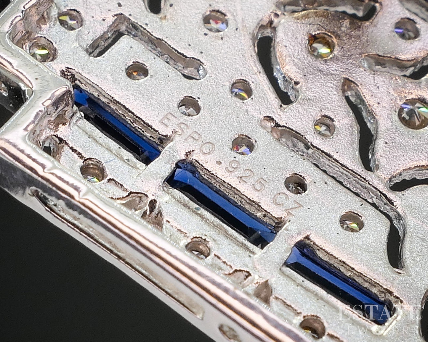 Sterling Art Deco Blue Sapphire & CZ Pin Pendant Necklace 17.8g 18"L p18638