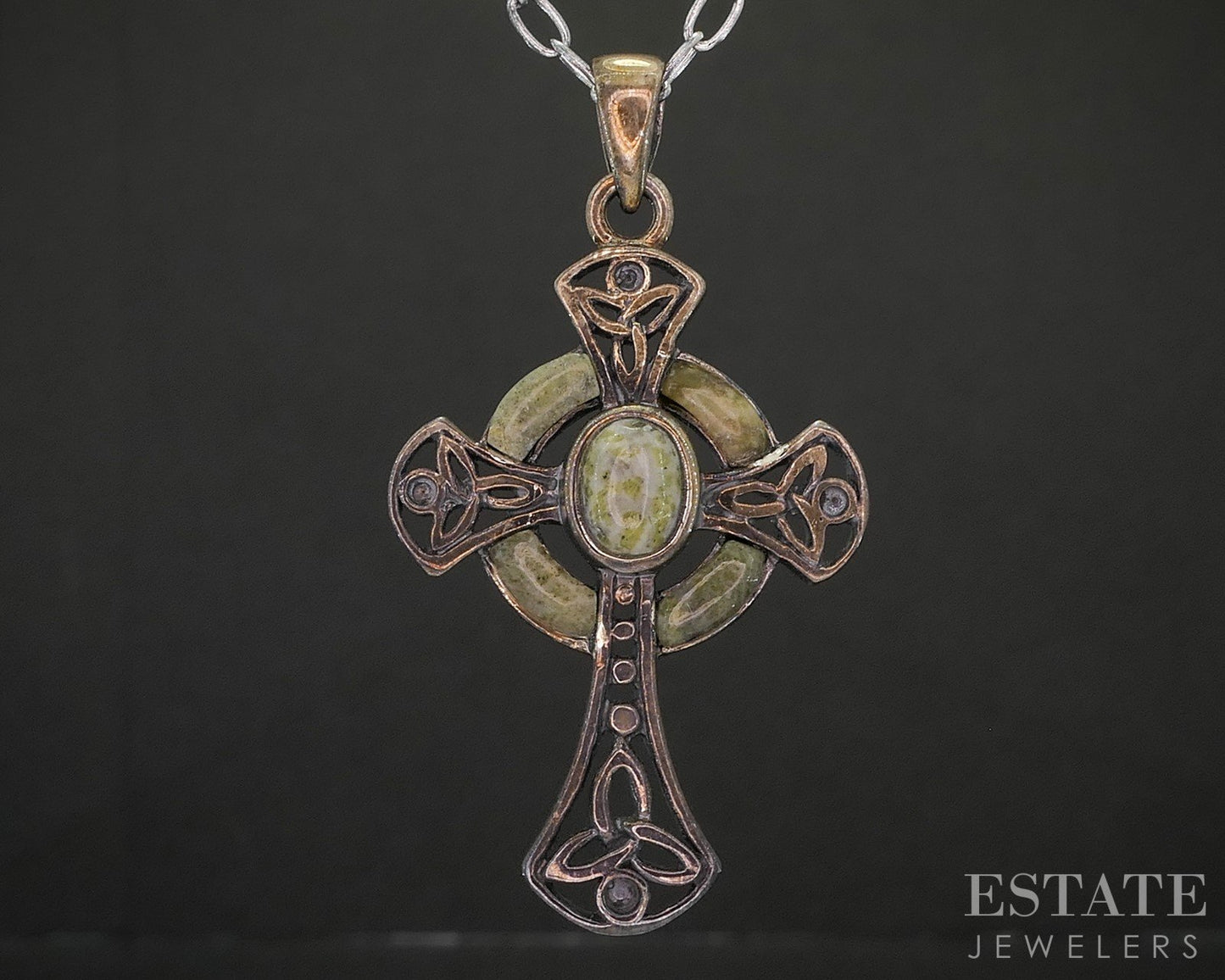 Vintage Sterling Natural Connemara Marble Celtic Cross Necklace 7.7g p18639