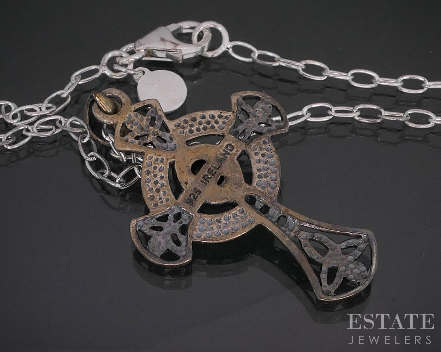 Vintage Sterling Natural Connemara Marble Celtic Cross Necklace 7.7g p18639