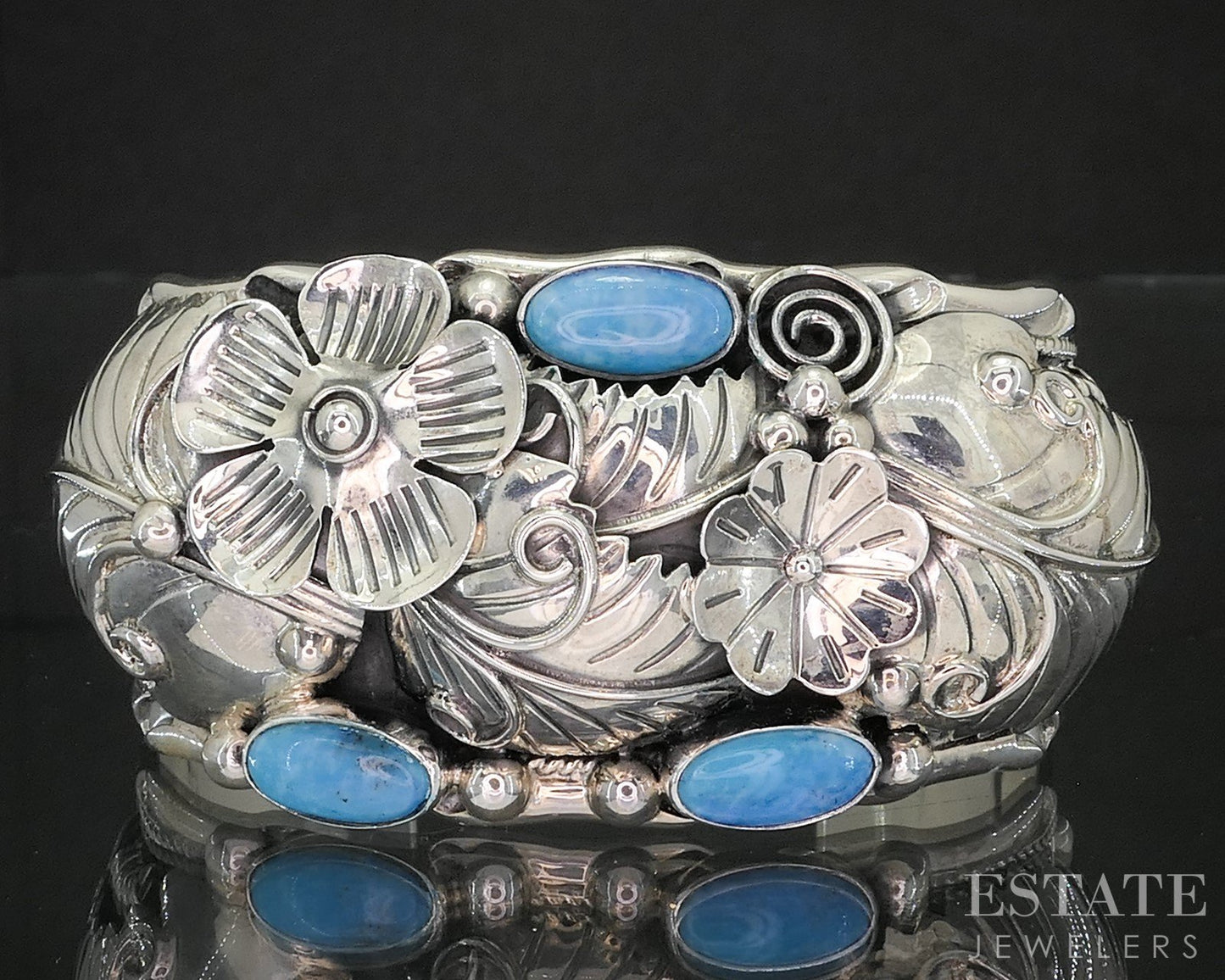 Vintage Sterling Mexico CII Natural Turquoise Large Cuff Bracelet 80g p18642