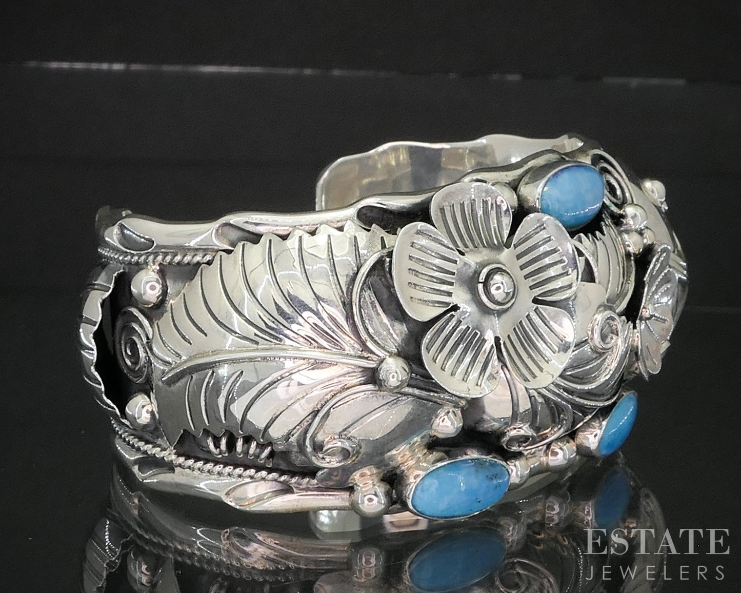 Vintage Sterling Mexico CII Natural Turquoise Large Cuff Bracelet 80g p18642