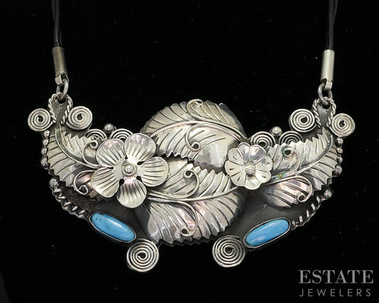 Vintage Sterling Mexico CII Natural Turquoise Large Necklace 74.5g p18647