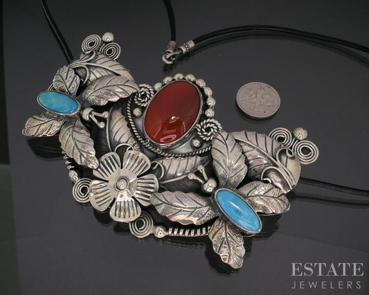 Sterling Mexico JOAQUIN BELTRAN CASTANEDA Turquoise Carnelian Necklace p18661
