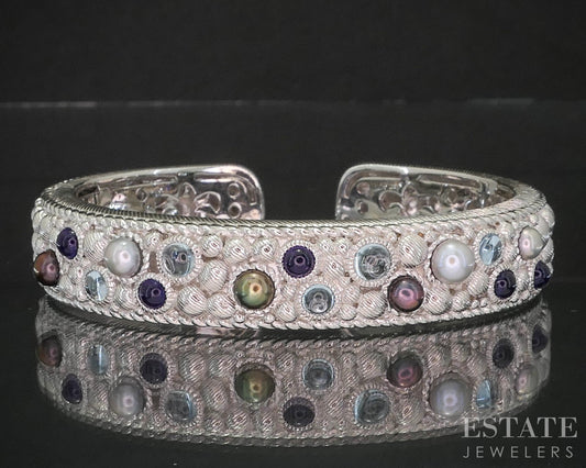 Sterling Silver Judith Ripka Pearl & Multi Gem Cuff Bracelet 79.9g p18662