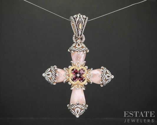 18k & Sterling Barbara Bixby Rhodolite Garnet MOP Cross Pendant 19.4g p18664