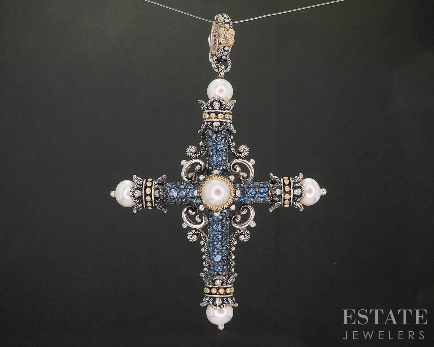 18k & Sterling Barbara Bixby London Blue Topaz Pearl Cross Pendant 17.1g p18665