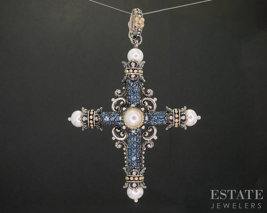 18k & Sterling Barbara Bixby London Blue Topaz Pearl Cross Pendant 17.1g p18665