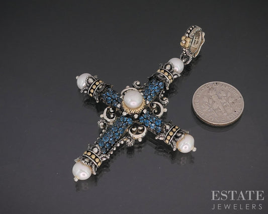 18k & Sterling Barbara Bixby London Blue Topaz Pearl Cross Pendant 17.1g p18665
