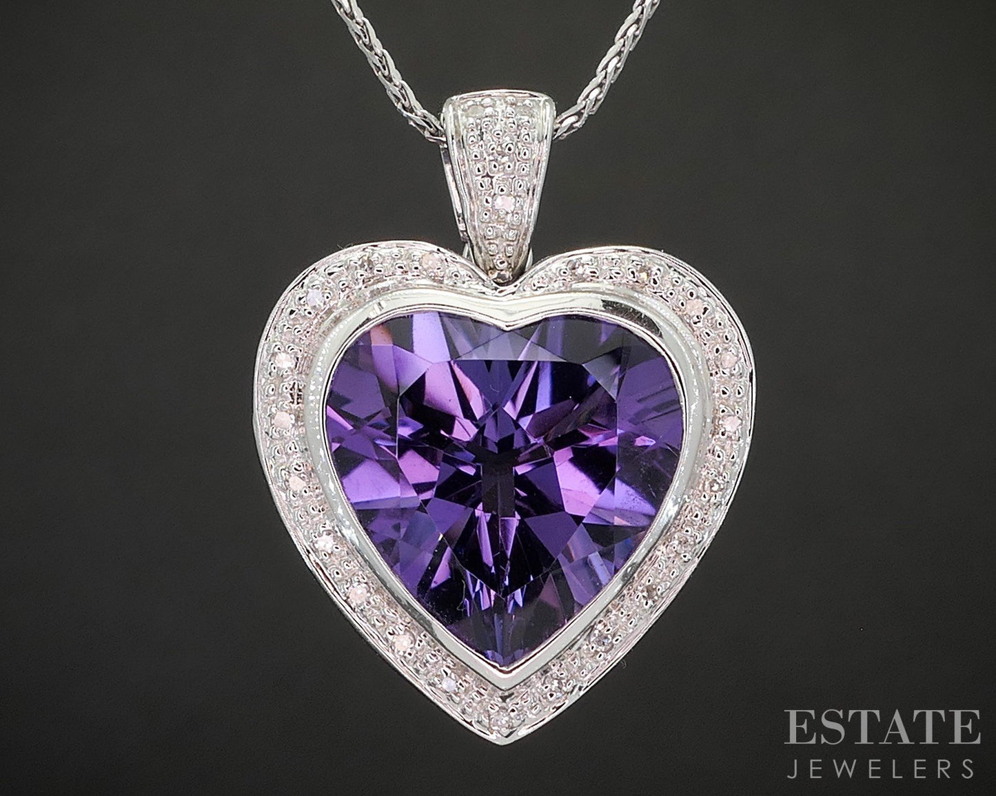 14k White Gold Natural Amethyst & Diamond Heart Necklace 10.6g 16"L p18347