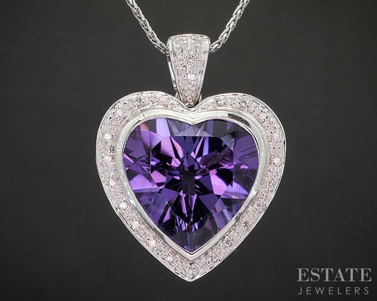 14k White Gold Natural Amethyst & Diamond Heart Necklace 10.6g 16"L p18347