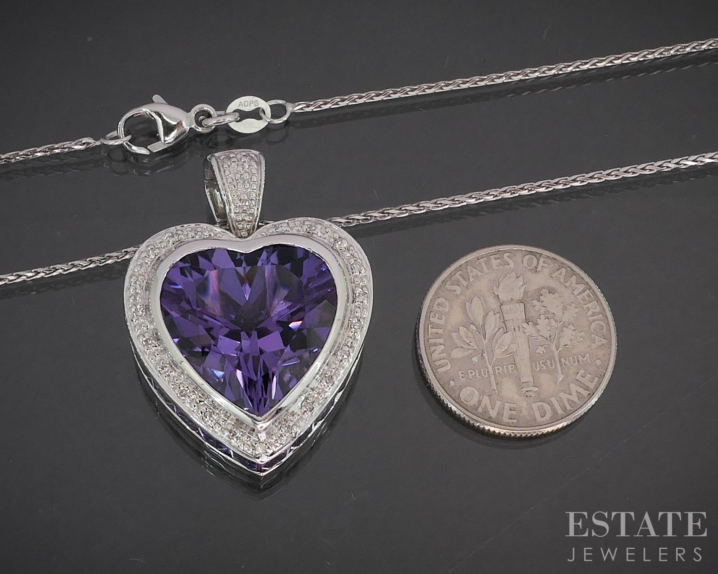 14k White Gold Natural Amethyst & Diamond Heart Necklace 10.6g 16"L p18347