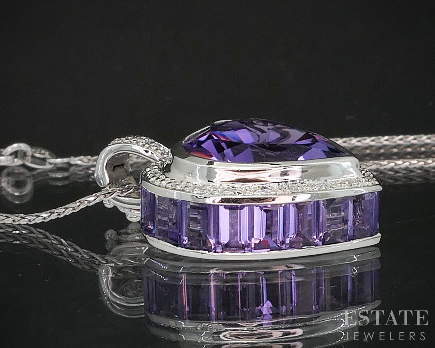 14k White Gold Natural Amethyst & Diamond Heart Necklace 10.6g 16"L p18347