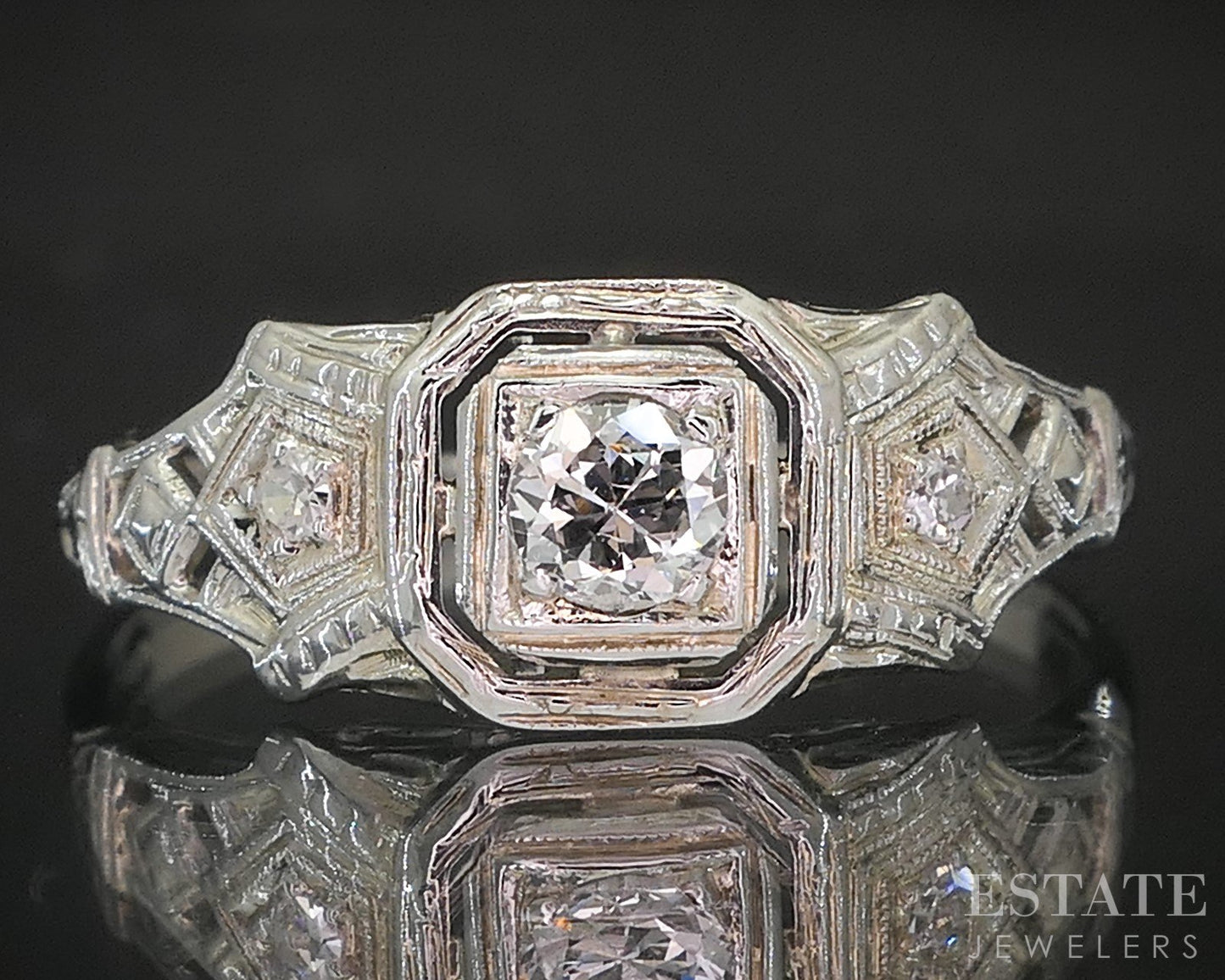 Antique 18k White Gold Transitional Natural .12ct Diamond Filigree Ring p15844