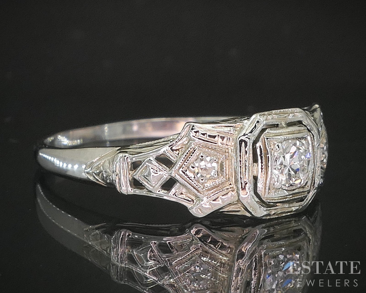Antique 18k White Gold Transitional Natural .12ct Diamond Filigree Ring p15844