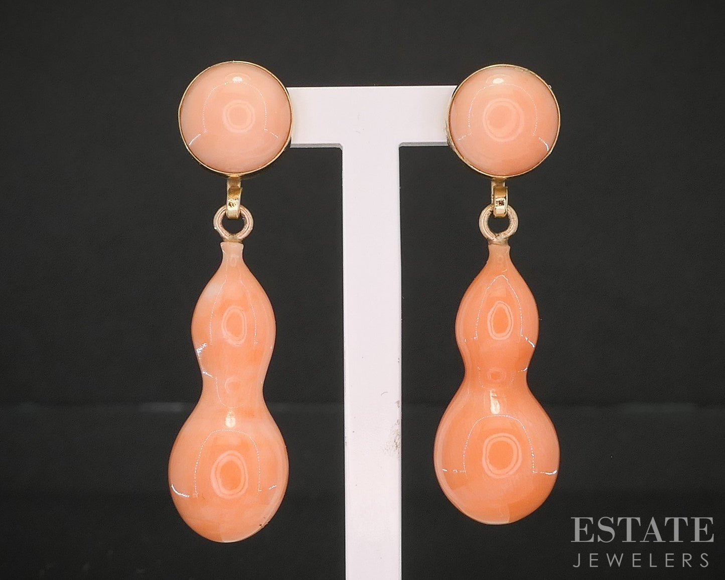 Antique 14k Yellow Gold Natural Angel Skin Coral Dangle Earrings 7.5g p15907