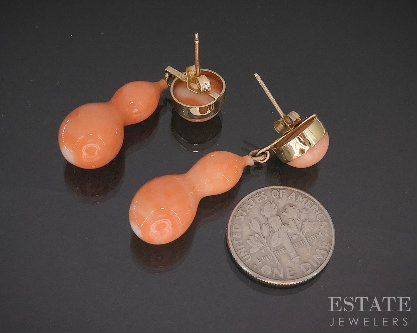 Antique 14k Yellow Gold Natural Angel Skin Coral Dangle Earrings 7.5g p15907